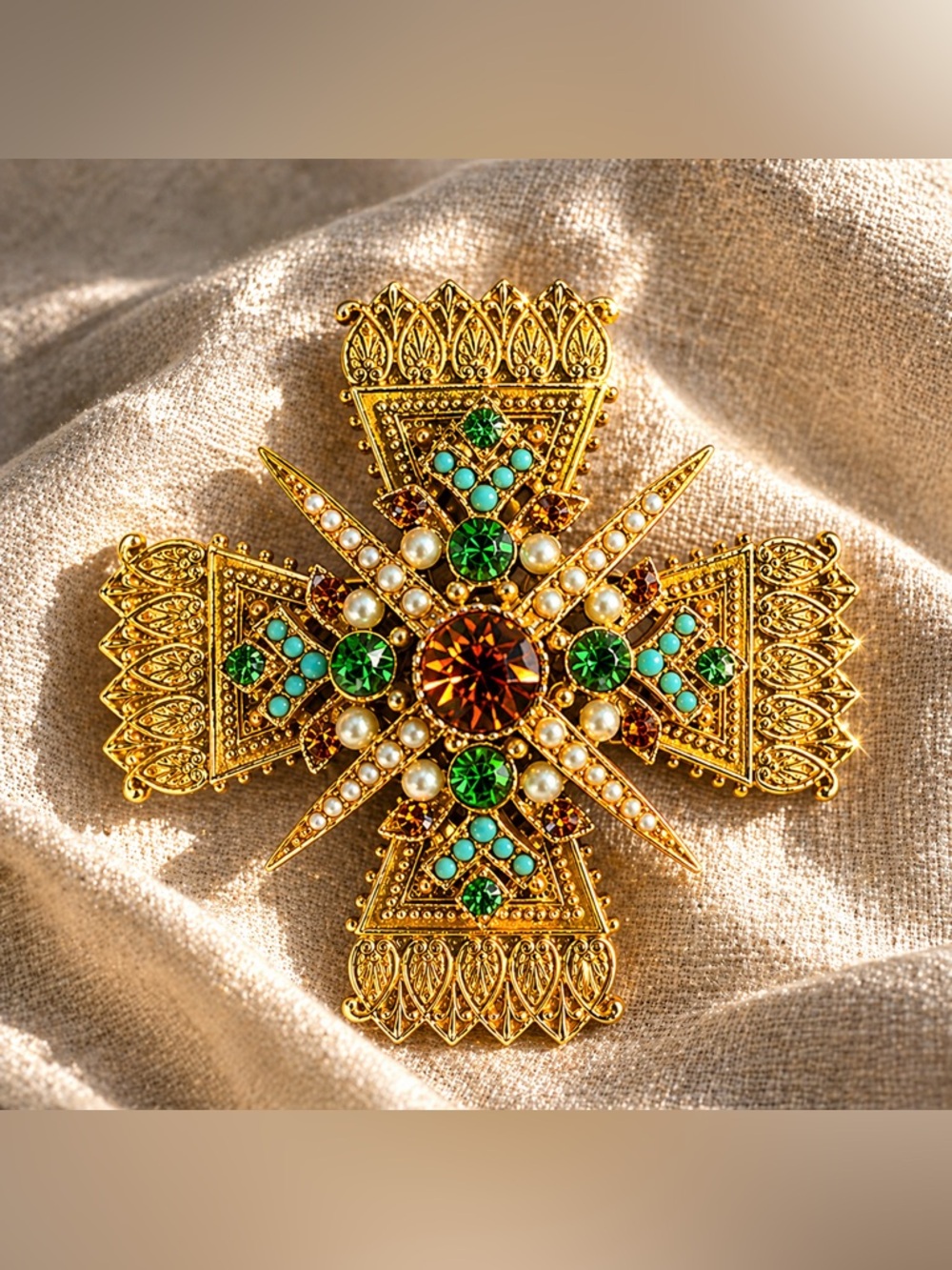 VINTAGE ART SIGNED MALTESE CROSS BROOCH Gold Tone Rhinestone Pearl Statement Pin
